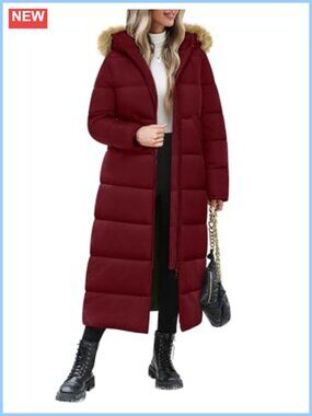 Long Puffer Coat Women Faux Fur Hood Quilted Winter Jacket Outerwear